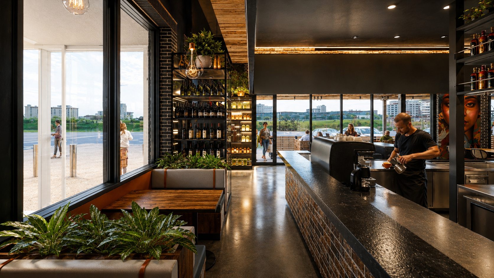 Times and Co Casey venue render with windows, plants and warm interior lighting